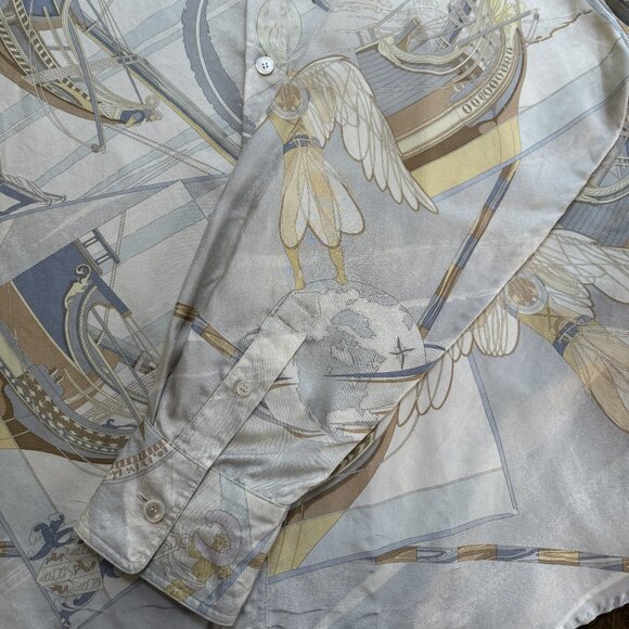 HERMES Vintage Face au Large Margiela Blue Ivory Silk Blouse FR48 Women XL 16 18 - Picture 10 of 16